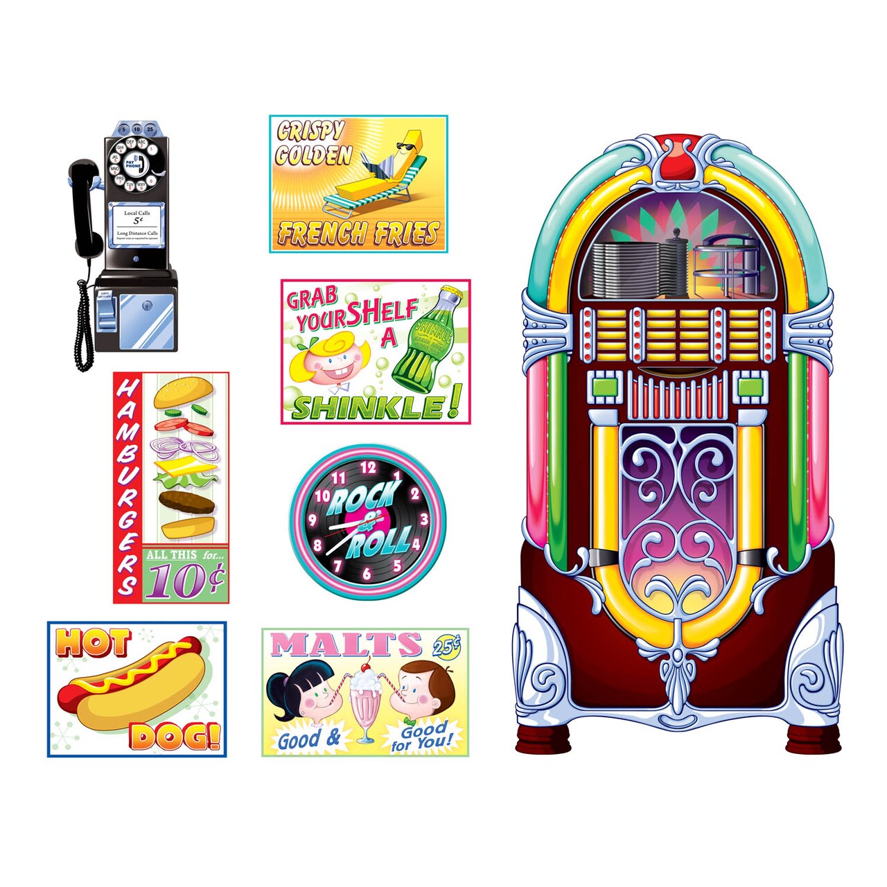 Beistle 11in.-5Feet Soda Shop Signs & Jukebox Props - 12 Pack